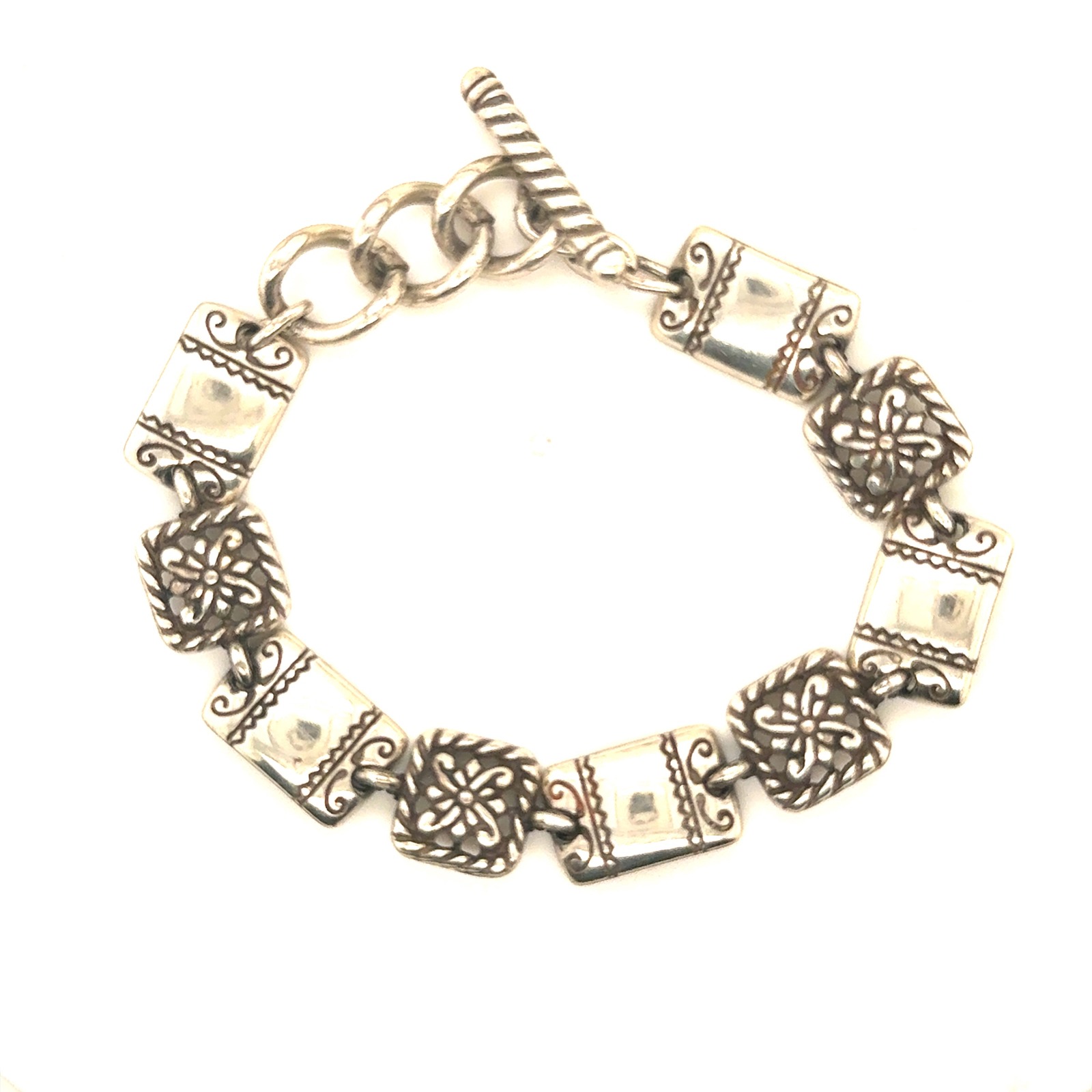 Brighton Silver Tone Reversible Floral Heart Link Toggle Bracelet 75 Inch